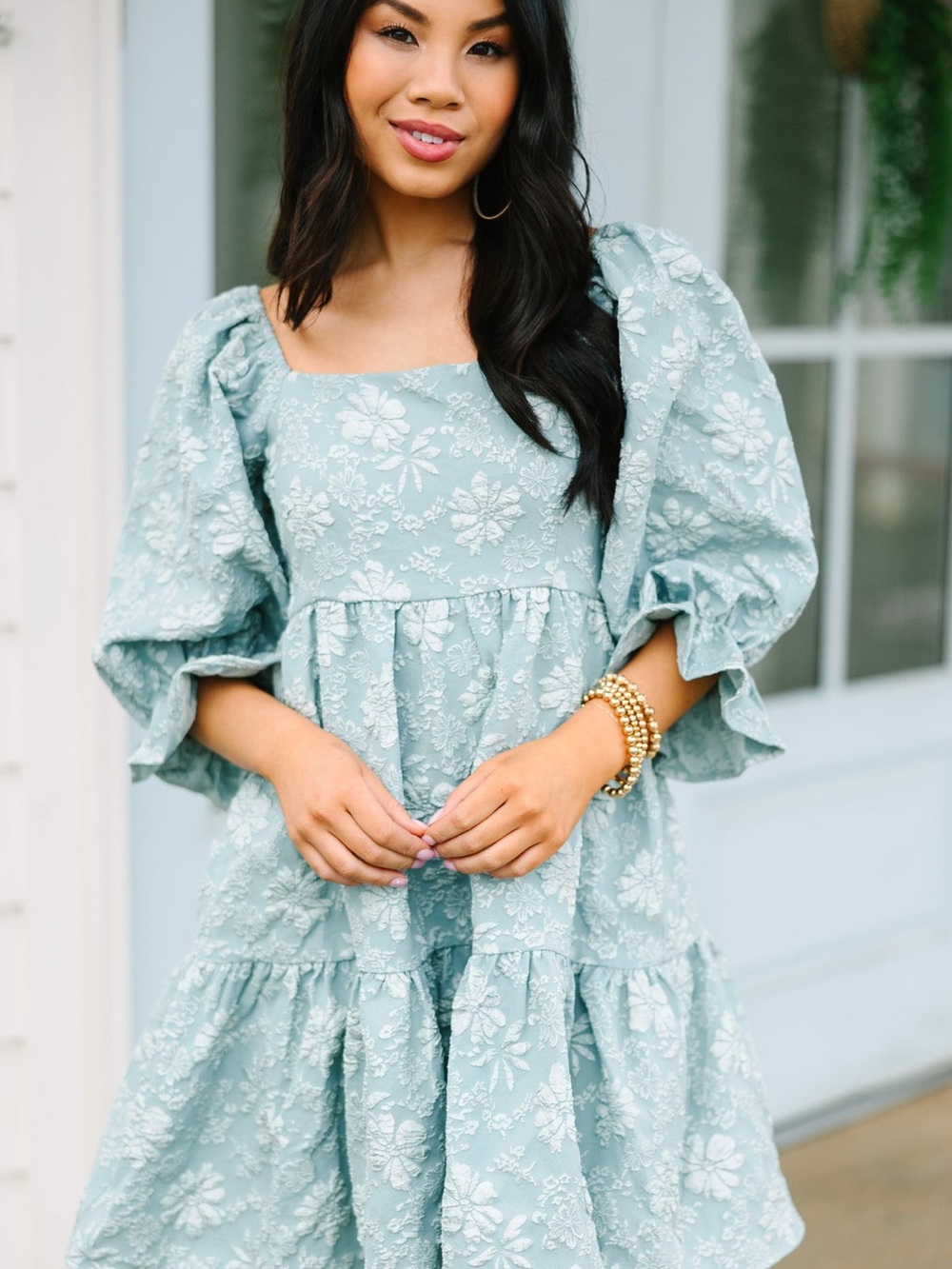 entro Sage Textured Floral Square-Neck Tiered Midi Dress